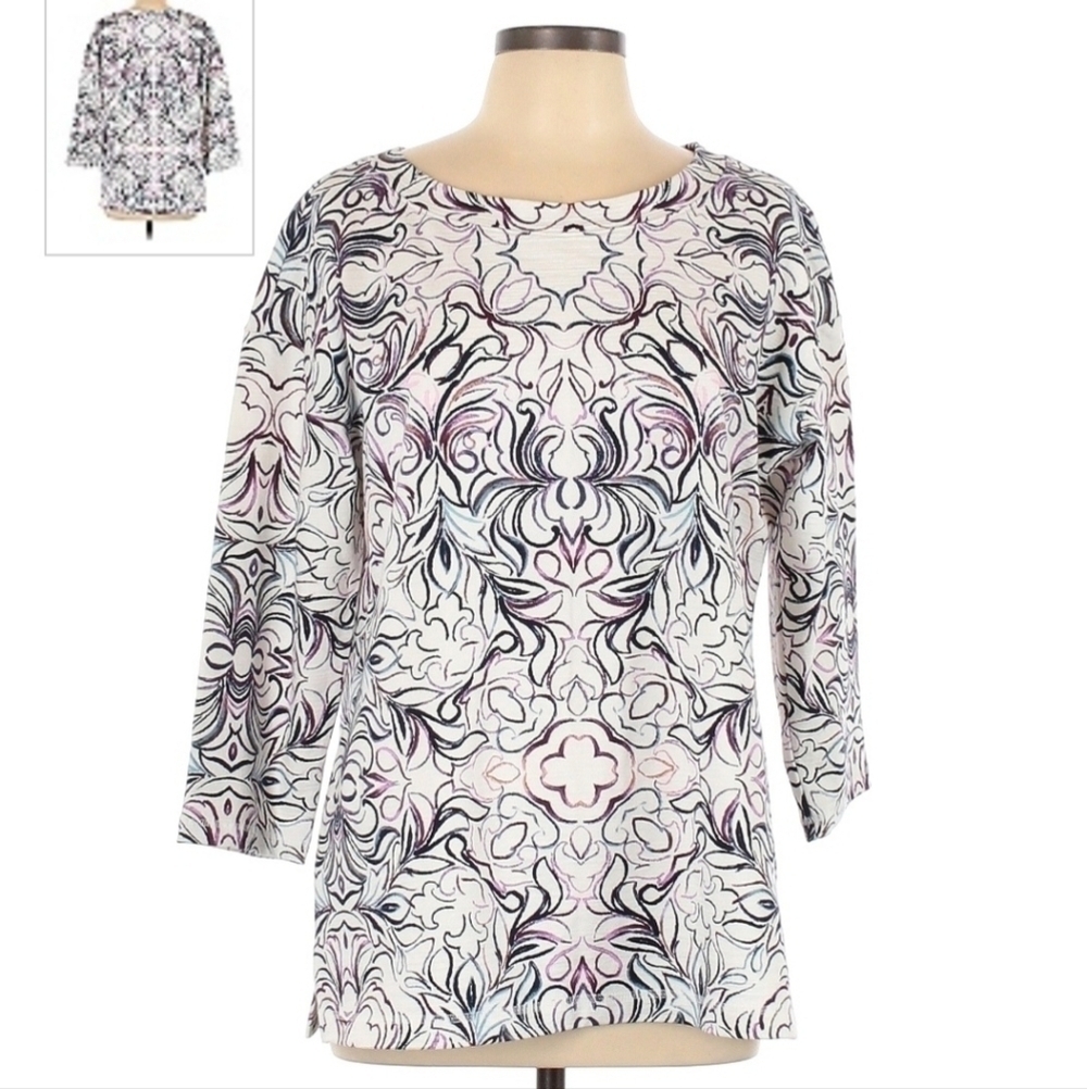 T by Talbots White Multicolored Abstract All-Over Print Women's Large L Top EUC